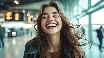 Canvas Print - A joyful young woman, with hair flowing, laughs heartily in an airy, modern airport terminal, embodying the essence of carefree travel.