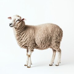 Wall Mural - An isolated white background shows a close up portrait of a sheep from the side