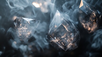 Two clear geometric shapes, resembling ice crystals, are suspended in a hazy cloud of smoke.