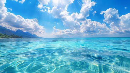 Wall Mural - Crystal clear sea water bay. Pristine ocean lagoon sunny cloudy sky, idyllic relaxing seascape.