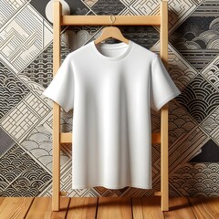 Wall Mural - plain white t shirt fashion mockup on a wooden hanger. 