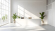 © imran - A minimalist reception area featuring bright white walls, a sleek desk, and large windows, all creating a modern and inviting atmosphere.