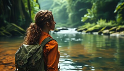 Wall Mural - A woman overlooking a river view, with a leather bag on her back