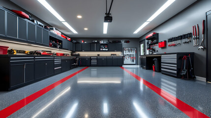  A contemporary garage featuring streamlined black cabinetry, meticulously organized tools, and vibrant red stripes adorning the polished flooring.