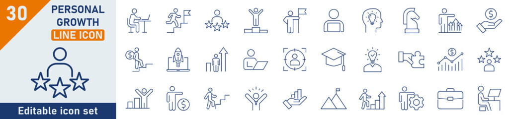 Wall Mural - personal growth line icon set. set of 30 outline icons related to success, career development, caree