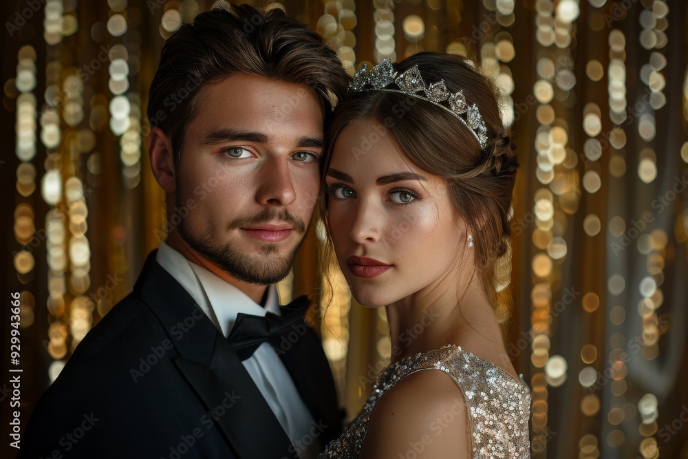 An elegant couple, dressed in formal attire, stands close together at a ...
