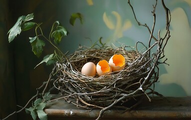 Wall Mural - Two eggs, one whole and one cracked open, in a bird's nest made of twigs. The yolk is visible in the broken egg.