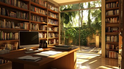 Poster - A bright home office with large windows looking out onto a garden, filled with bookshelves, a computer, and a desk with a open notebook.