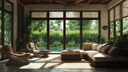 Modern living room with large windows and a view of a tropical garden and pool.