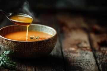 Poster - Steaming soup flows from a ladle into a rustic bowl, enhancing a warm, inviting atmosphere perfect for enjoying a comforting meal