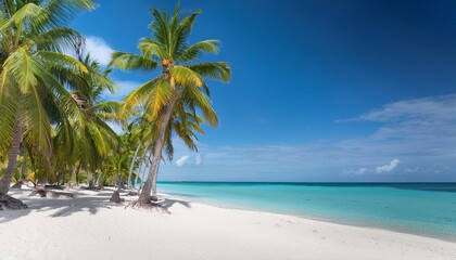 Tropical white sand beach with coco palms and the turquoise sea on Caribbean island