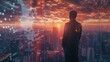 © Julia - Side view of a thoughtful businessman standing on the rooftop of a skyscraper looking over the big city at sunset with a world map hologram projection. Cryptocurrency concept. Double exposure.
