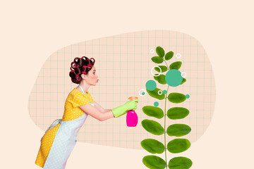 Sticker - Composite trend artwork image collage of housewife pinup style hairdo young lady hand hold watering spray wash clean plant leaves nature