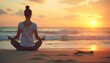 © Photo by mQ - A woman practicing yoga on the beach at sunrise, with the ocean in the background, captured with a wide-angle lens in soft dawn light. Showcasing a peaceful and meditative atmosphere.