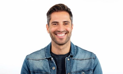 Wall Mural - Portrait of a handsome young man smiling isolated on white background.