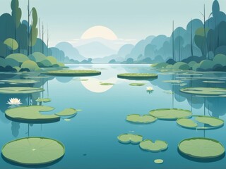 Wall Mural - Serene Landscape of a Calm Lake Adorned with Lily Pads at Sunrise