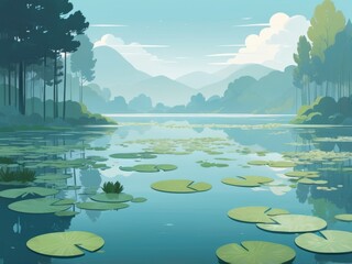 Wall Mural - Tranquil Mountain Lake with Lily Pads at Sunset in a Serene Forest Setting