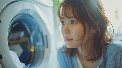 Wall Mural - A woman is looking into a dryer