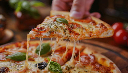 Taking piece of tasty pizza at wooden table, closeup