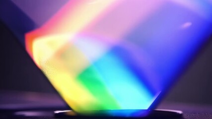 Poster - Holographic pyramid is projecting futuristic image consisting of rainbow colored lights, concept for innovation, future technology and augmented reality