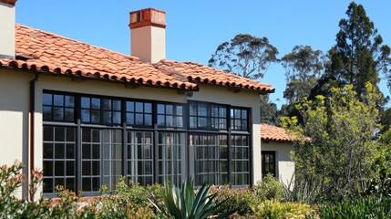 Poster - A house with a tiled roof and large windows surrounded by lush greenery.