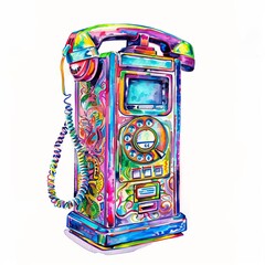 Wall Mural - Watercolor painting of a classic payphone electrified with neon colors, with vibrant hues illuminating its keypad, on isolated white background