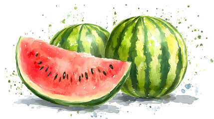 Simple vibrant water melon, appetizing appearance, children's storybook illustration wet-on-wet watercolor cartoon style, isolated on white background