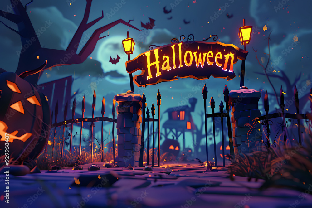 Entrance gate to spooky castle with Halloween text on board sign. Stock ...