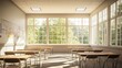 © savittree - A bright, airy side view of an empty classroom, with desks and chairs neatly arranged, and soft natural light filling the space.