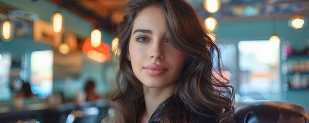 Wall Mural - Young woman with long, shiny hair in an interior with lights.