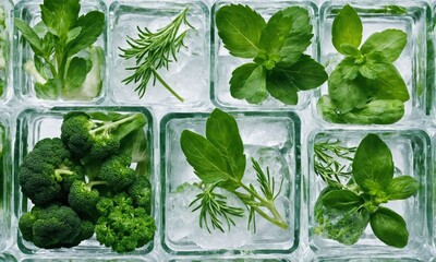 Green herbs and broccoli frozen in ice cubes