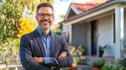 Joyful agent in front of house.