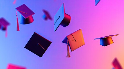 Graduation caps fly through the air in an abstract composition, set against a minimalist gradient background with space for text.