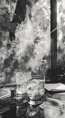 Canvas Print - Abstract Black and White Photo of Two Glasses with Ice and Smoke.