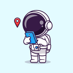 Wall Mural - cute astronaut holding phone with map location cartoon vector icon illustration science technology i