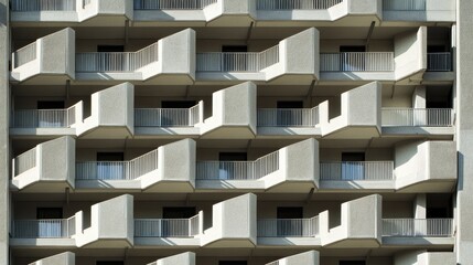 modern apartment building with a repeating balcony pattern, shot dynamically from a low angle.