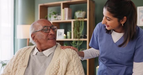 Poster - Senior man, nurse and talking with assistance for support, help or health advice at old age home. Woman, medical caregiver or volunteer speaking to patient for elderly care or retirement at house