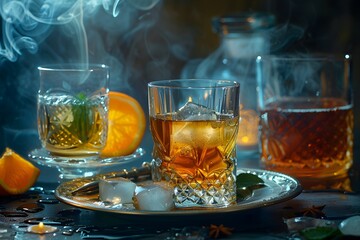 Canvas Print - Glass of whiskey with ice and orange on a silver tray.