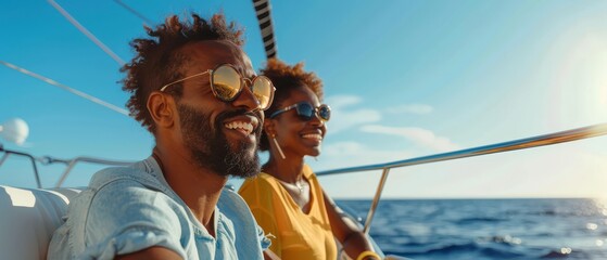 Wall Mural - Happy couple in sunglasses enjoying a sunny day on a yacht, smiling and relaxed.