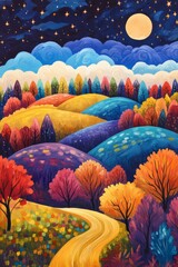 Wall Mural - A whimsical autumn landscape with rolling hills covered in colorful trees