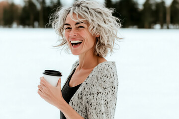 Wall Mural - Cheerful woman enjoying coffee cup in a winter park