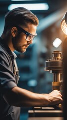 A person in a factory setting wears safety gear while working with industrial machinery.