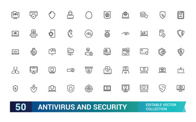Wall Mural - antivirus and security icons in line style. collection and pack of linear web and ui icons. editable