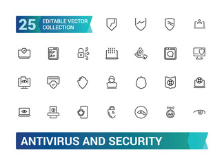 Wall Mural - antivirus and security icons in line style. collection and pack of linear web and ui icons. editable