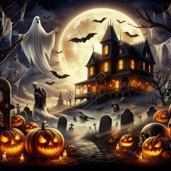 Halloween concept background of realistic horror house and creepy street with moonlight.