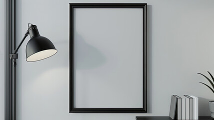 Blank picture frame mockup on white wall with plant and standing lamp. Template for painting or poster