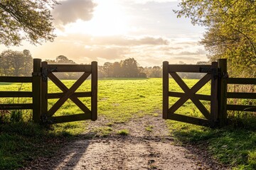 Two wooden gates in the foreground of an open field with trees and sunlight.