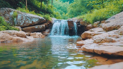 A serene waterfall cascades over rocks, surrounded by lush greenery and clear water, creating a tranquil natural scene. Pouring Fresh Drinking Water.