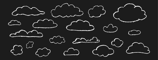 Set of crayon abstract clouds. Hand drawn cartoon overcast sky. Vector illustration of collection of black eddy on white background. Imitation of children drawing with pencils contour design element.