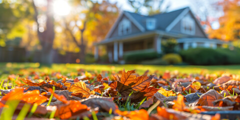 Wall Mural - Fallen autumn leaves on perfect manicured lawn on a backdrop of residential house backyard. Fall season, sunny day outside.